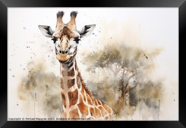 Watercolor painting of a giraffe on a white background. Framed Print by Michael Piepgras