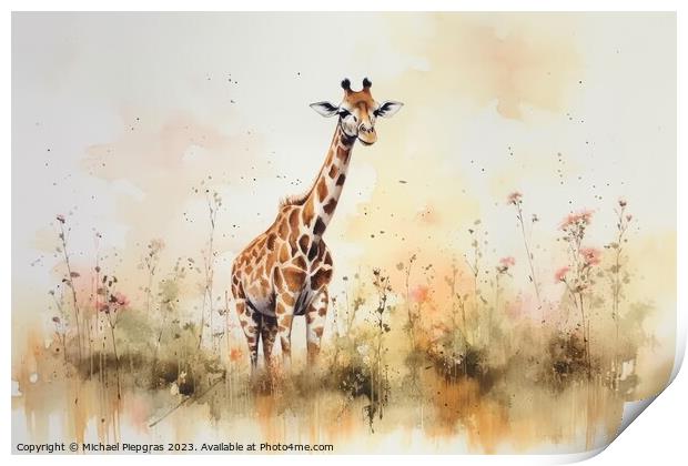 Watercolor painting of a giraffe on a white background. Print by Michael Piepgras