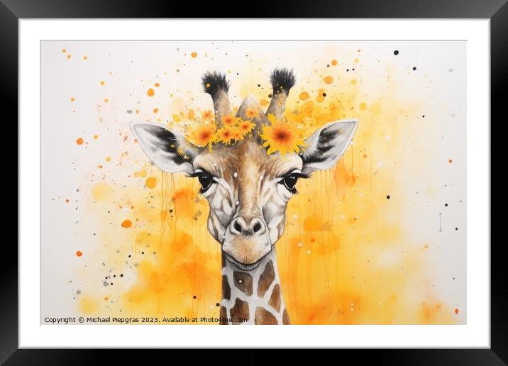 Watercolor painting of a giraffe on a white background Framed Mounted Print by Michael Piepgras