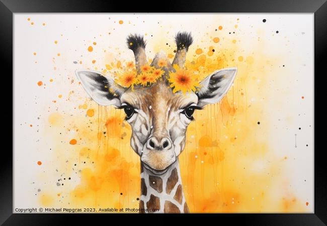 Watercolor painting of a giraffe on a white background Framed Print by Michael Piepgras