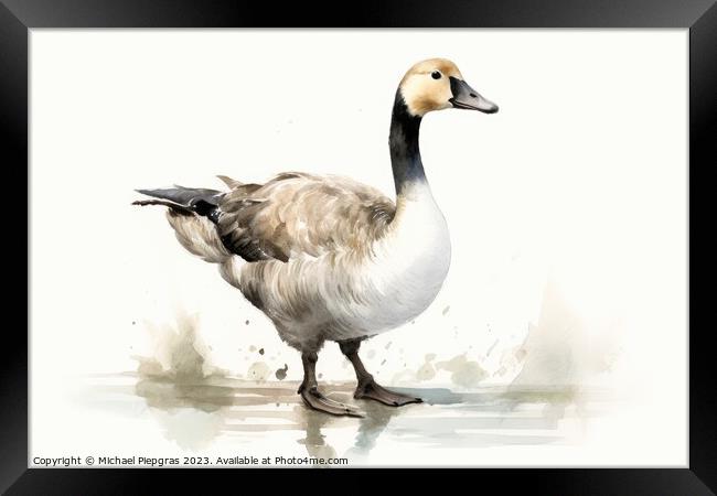 Watercolor painting of a goose on a white background. Framed Print by Michael Piepgras