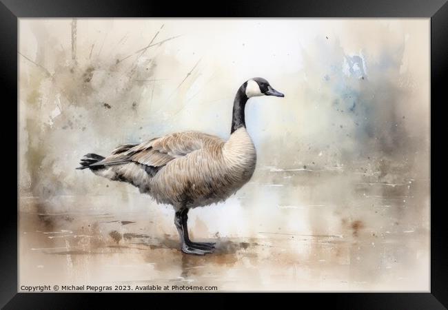 Watercolor painting of a goose on a white background. Framed Print by Michael Piepgras