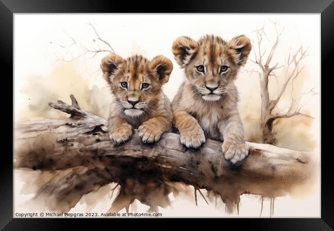 Watercolor painting of lion cubs on a white background. Framed Print by Michael Piepgras