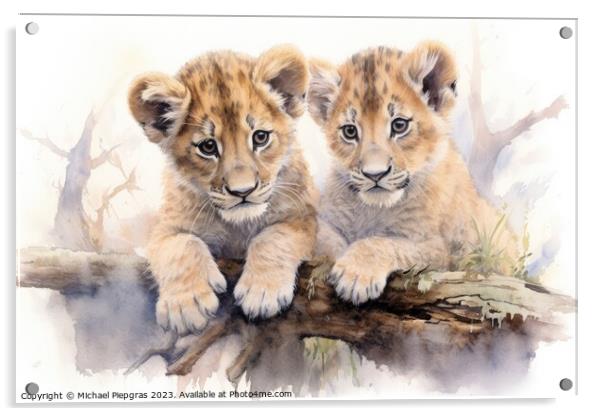 Watercolor painting of lion cubs on a white background. Acrylic by Michael Piepgras