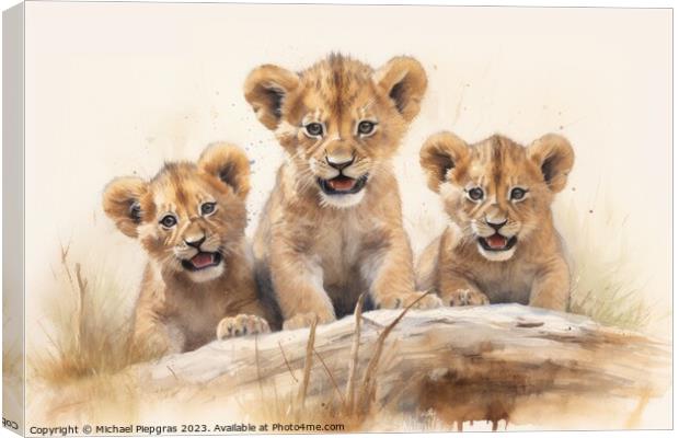 Watercolor painting of lion cubs on a white background. Canvas Print by Michael Piepgras