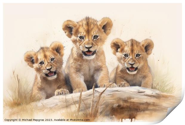Watercolor painting of lion cubs on a white background. Print by Michael Piepgras