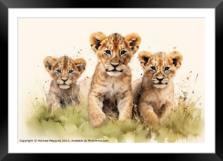 Watercolor painting of lion cubs on a white background. Framed Mounted Print by Michael Piepgras