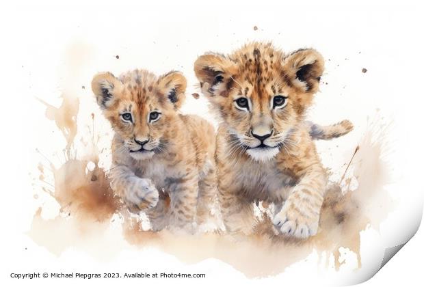 Watercolor painting of lion cubs on a white background. Print by Michael Piepgras