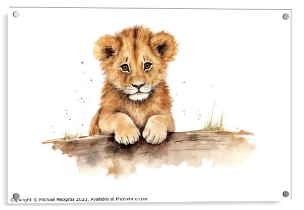 Watercolor painting of lion cubs on a white background. Acrylic by Michael Piepgras
