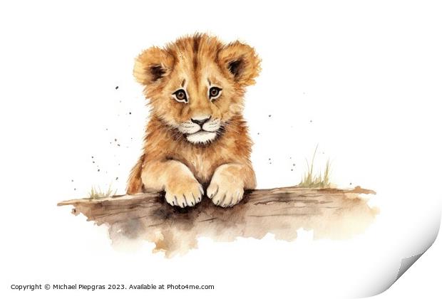 Watercolor painting of lion cubs on a white background. Print by Michael Piepgras