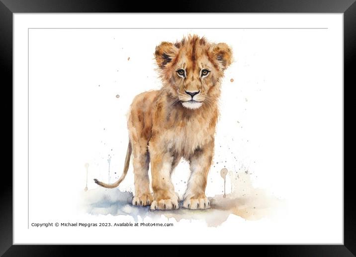 Watercolor painting of lion cubs on a white background. Framed Mounted Print by Michael Piepgras