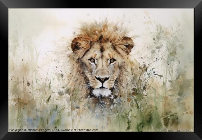 Watercolor painting of a lion on a white background. Framed Print by Michael Piepgras