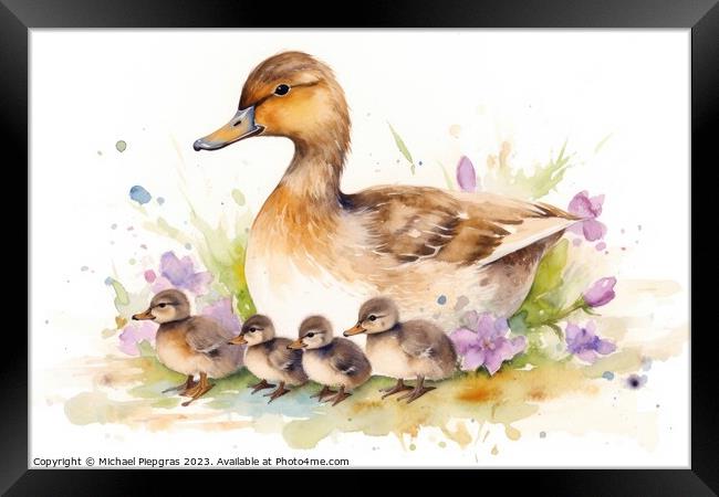 Watercolor painting of ducklings and mom on a white background. Framed Print by Michael Piepgras