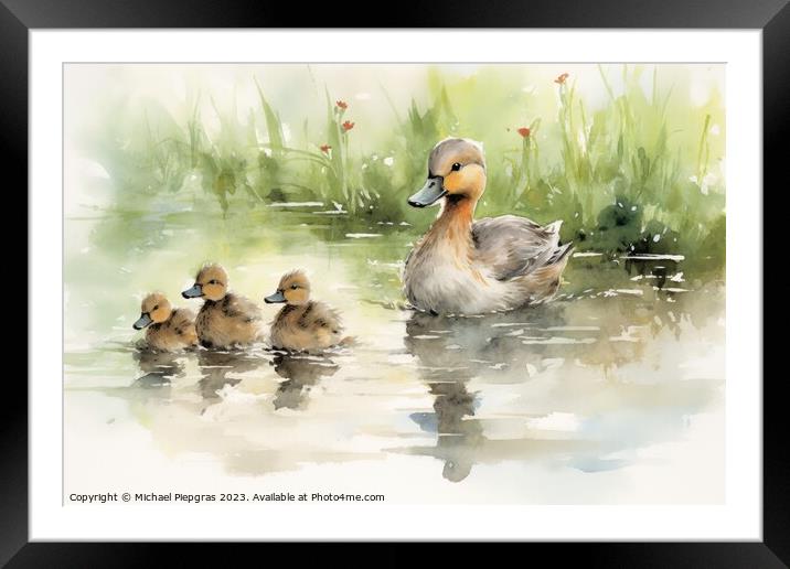 Watercolor painting of ducklings and mom on a white background. Framed Mounted Print by Michael Piepgras