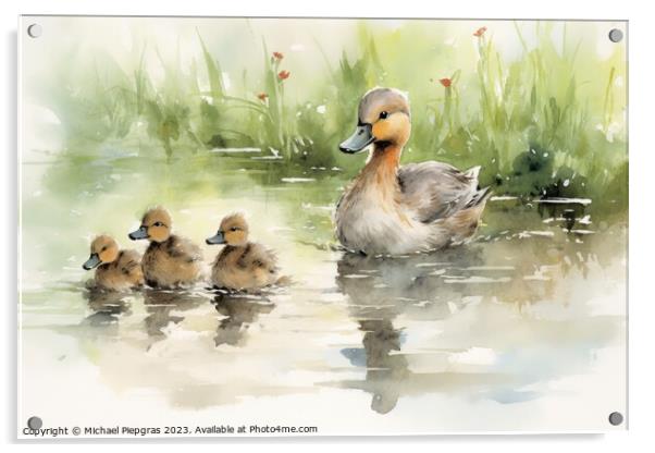 Watercolor painting of ducklings and mom on a white background. Acrylic by Michael Piepgras