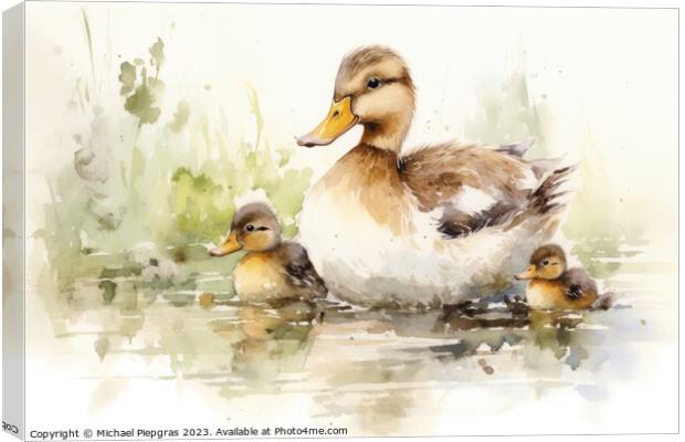 Watercolor painting of ducklings and mom on a white background. Canvas Print by Michael Piepgras