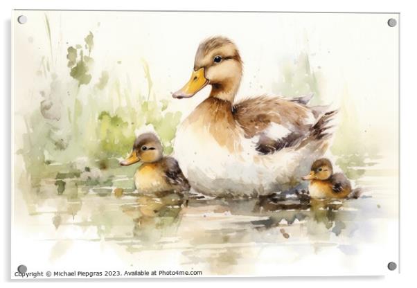 Watercolor painting of ducklings and mom on a white background. Acrylic by Michael Piepgras