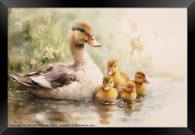 Watercolor painting of ducklings and mom on a white background. Framed Print by Michael Piepgras