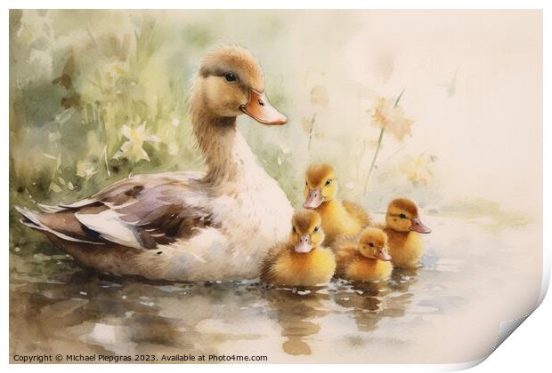 Watercolor painting of ducklings and mom on a white background. Print by Michael Piepgras