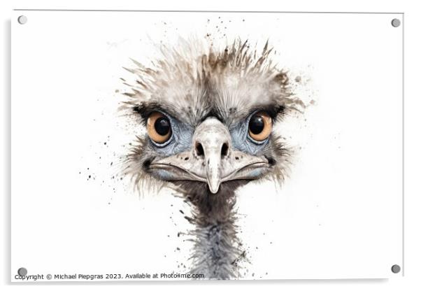 Watercolor painting of an ostrich on a white background. Acrylic by Michael Piepgras