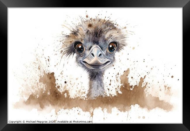 Watercolor painting of an ostrich on a white background. Framed Print by Michael Piepgras