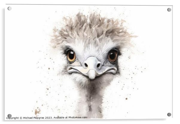 Watercolor painting of an ostrich on a white background. Acrylic by Michael Piepgras