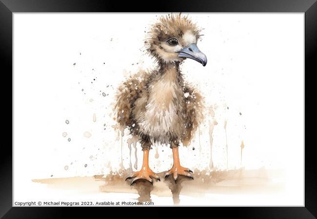 Watercolor painting of an ostrich on a white background. Framed Print by Michael Piepgras