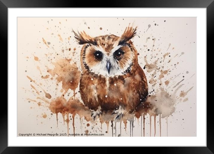 Watercolor painting of an owl on a white background. Framed Mounted Print by Michael Piepgras