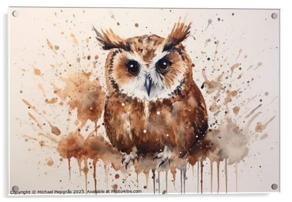 Watercolor painting of an owl on a white background. Acrylic by Michael Piepgras