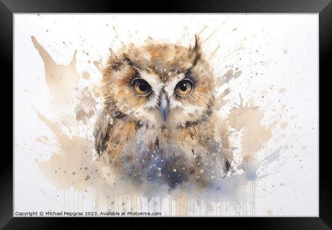 Watercolor painting of an owl on a white background. Framed Print by Michael Piepgras