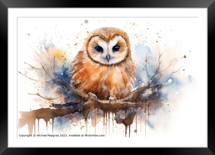 Watercolor painting of an owl on a white background. Framed Mounted Print by Michael Piepgras