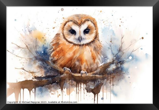 Watercolor painting of an owl on a white background. Framed Print by Michael Piepgras