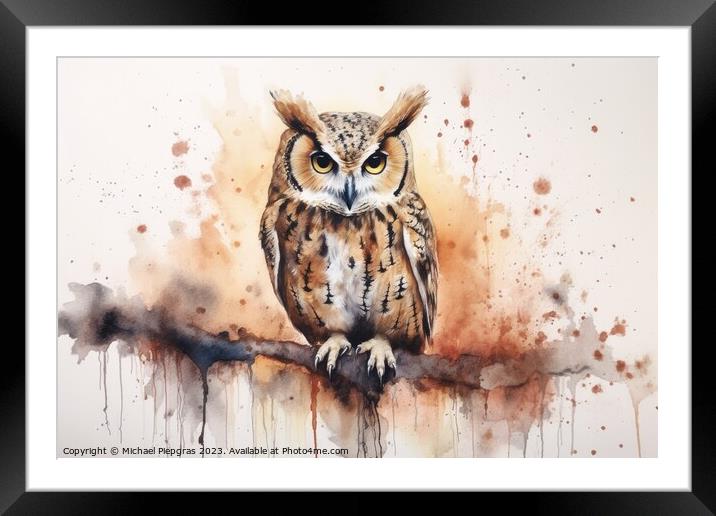 Watercolor painting of an owl on a white background. Framed Mounted Print by Michael Piepgras