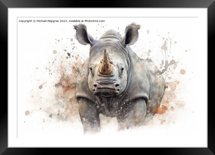 Watercolor painting of a Rhino on a white background. Framed Mounted Print by Michael Piepgras