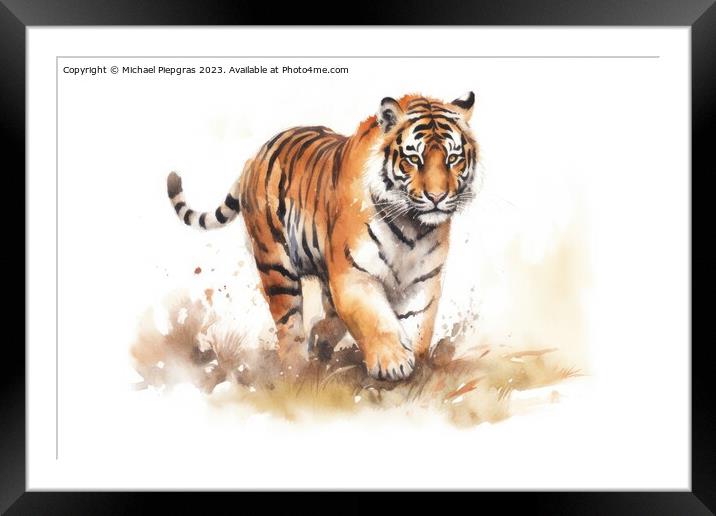 Watercolor painting of a Tiger on a white background. Framed Mounted Print by Michael Piepgras