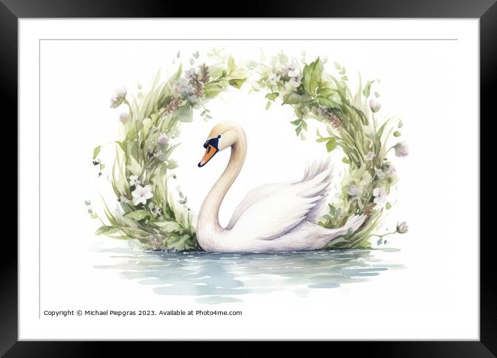 Watercolor painting of a swan on a white background. Framed Mounted Print by Michael Piepgras