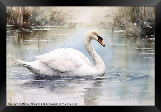 Watercolor painting of a swan on a white background. Framed Print by Michael Piepgras