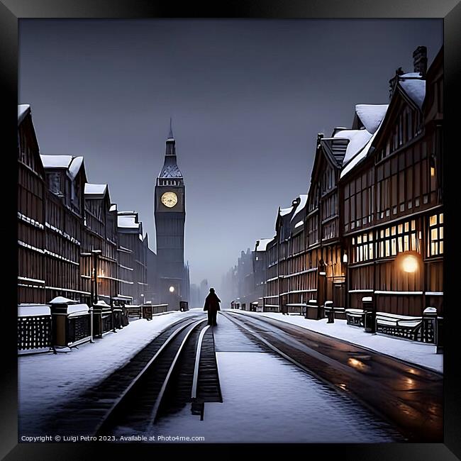"Ethereal London: A Snowy Victorian Night" Framed Print by Luigi Petro