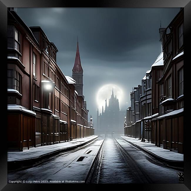 Enchanting Victorian Cityscape under Moonlit Snow Framed Print by Luigi Petro