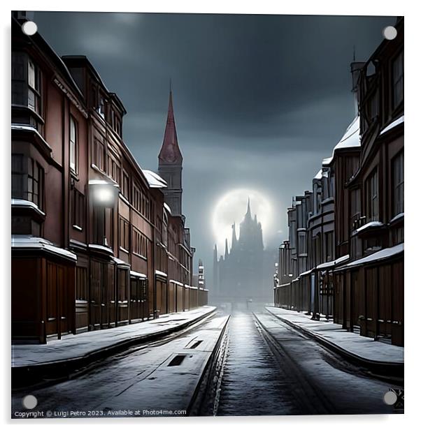 Enchanting Victorian Cityscape under Moonlit Snow Acrylic by Luigi Petro