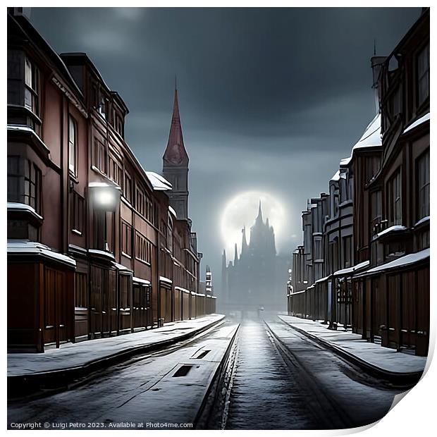 Enchanting Victorian Cityscape under Moonlit Snow Print by Luigi Petro