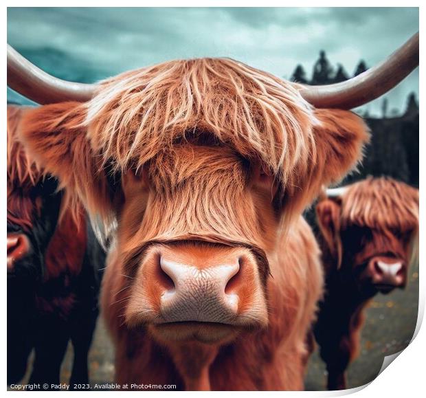 A close up of a highland cow  Print by Paddy 