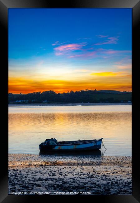 small fishing boat at sunset Framed Print by Rick Pearce