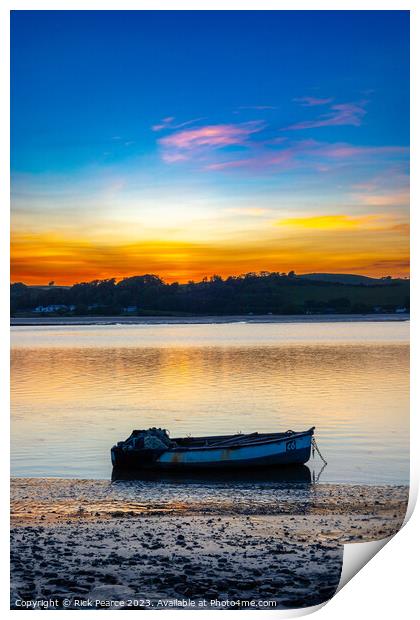 small fishing boat at sunset Print by Rick Pearce