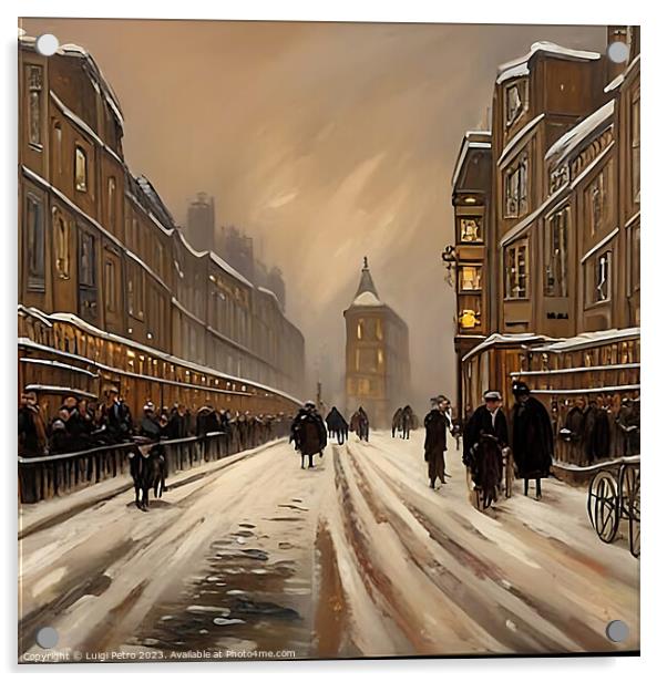 "Ethereal Victorian Cityscape: A Snowy Nocturnal J Acrylic by Luigi Petro