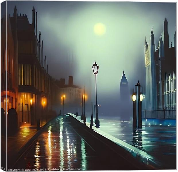 Night city scene of a street flooded with water on Canvas Print by Luigi Petro