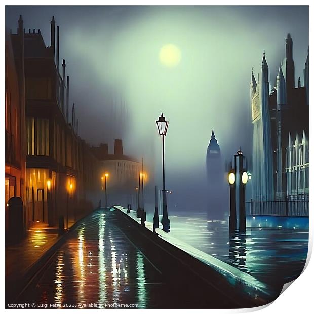 Night city scene of a street flooded with water on Print by Luigi Petro