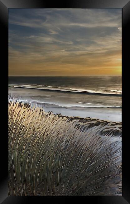 Empty beach at sunset Framed Print by Roger Mechan