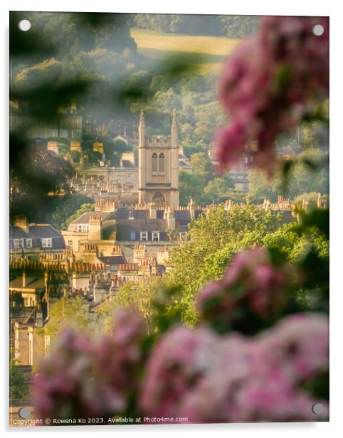 St Mary's  Church, Bath framed in summer blossom Acrylic by Rowena Ko