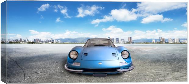 Blue Ferrari Dino, front view parked in a large square Canvas Print by Guido Parmiggiani